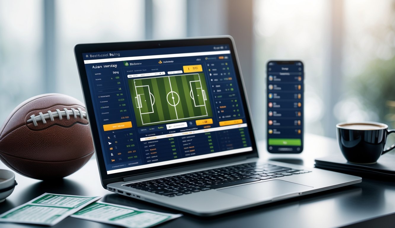 Meja kerja dengan laptop yang menampilkan antarmuka taruhan sepak bola handicap Asia, bola sepak, slip taruhan, dan ponsel dengan skor langsung.