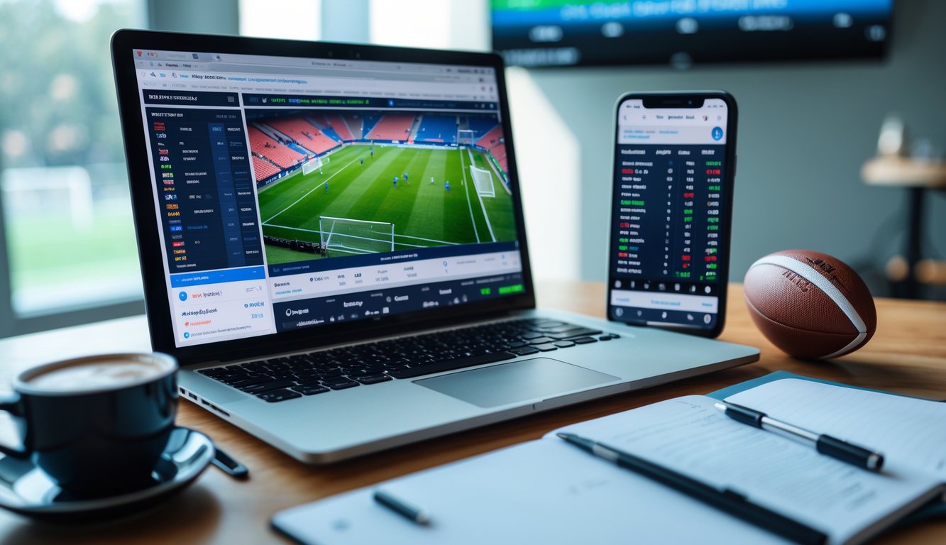 Meja kerja dengan laptop yang menampilkan pertandingan sepak bola dan peluang handicap Asia, ponsel dengan pembaruan taruhan langsung, serta alat tulis dan kopi.