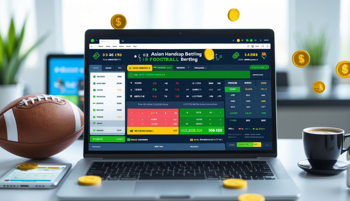 Seseorang menggunakan laptop yang menampilkan situs taruhan sepak bola dengan bola dan alat elektronik di meja.