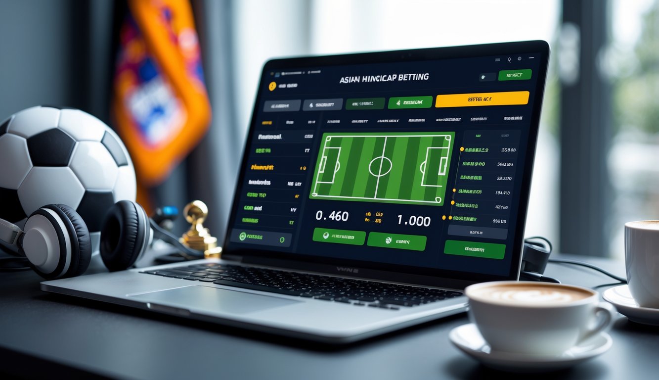 Seorang pengguna laptop dengan tampilan situs judi sepak bola handicap Asia, dikelilingi bola sepak dan perlengkapan olahraga di meja kerja.
