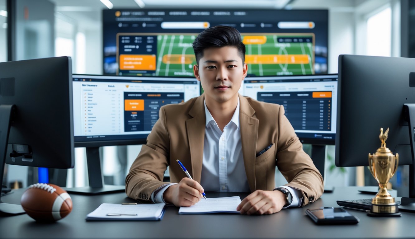 Seorang pria muda duduk di meja dengan beberapa layar komputer menampilkan data taruhan sepak bola handicap Asia, tampak fokus menganalisis strategi.