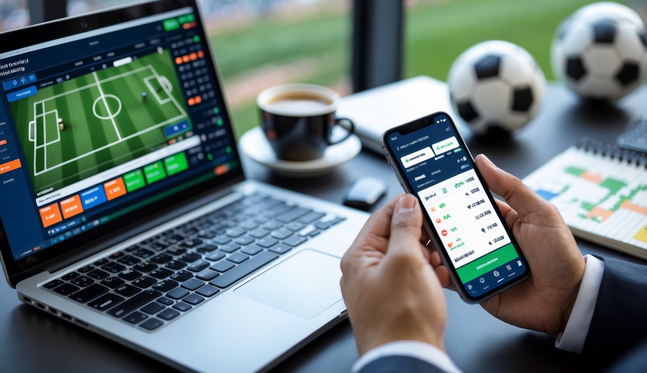 Seorang pria sedang menggunakan laptop dan ponsel untuk memasang taruhan judi sepak bola dengan latar belakang bola sepak dan catatan strategi di meja.