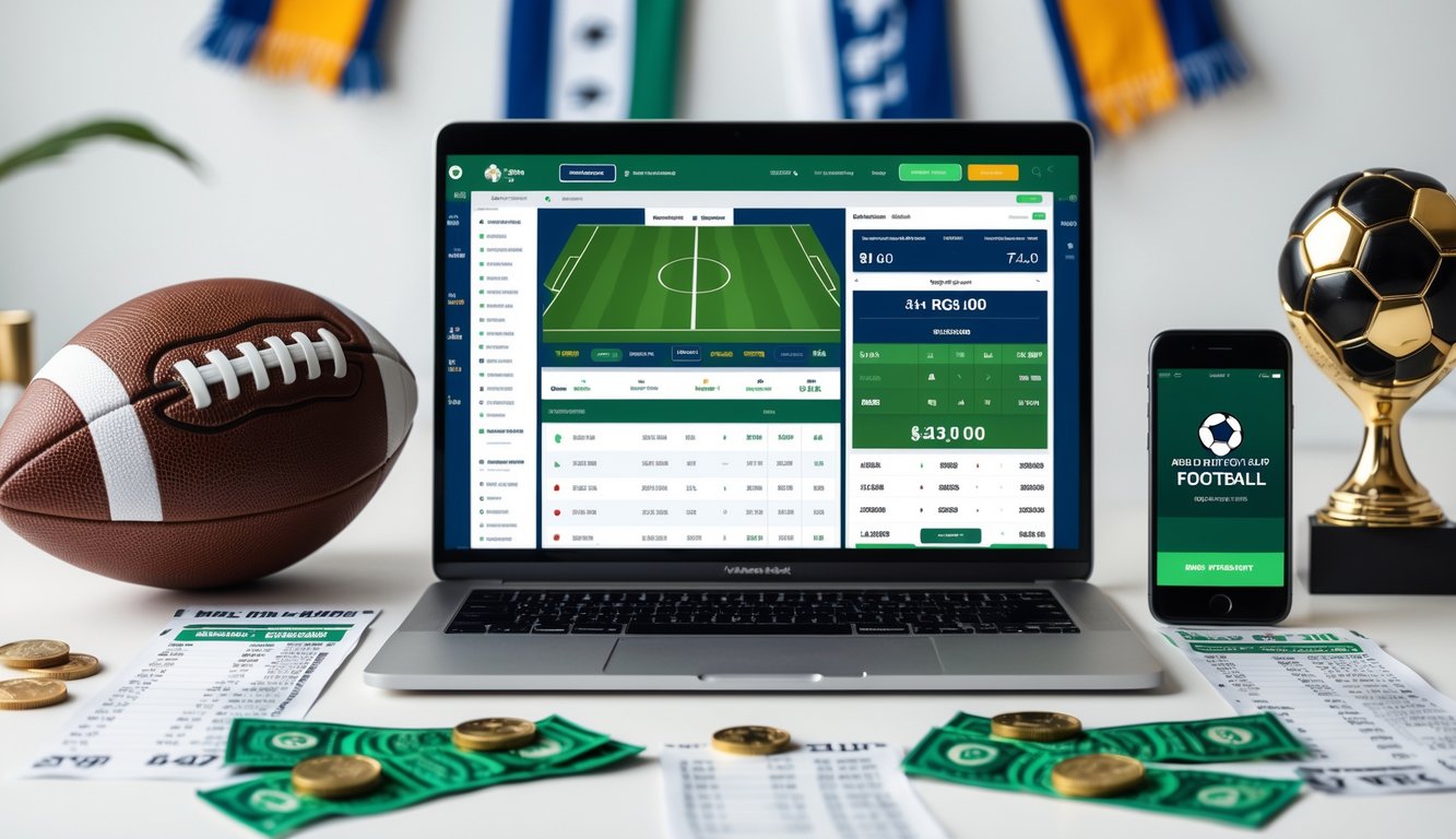 Seorang pria menggunakan laptop dan ponsel untuk memasang taruhan sepak bola dengan bola dan uang di meja kerja.