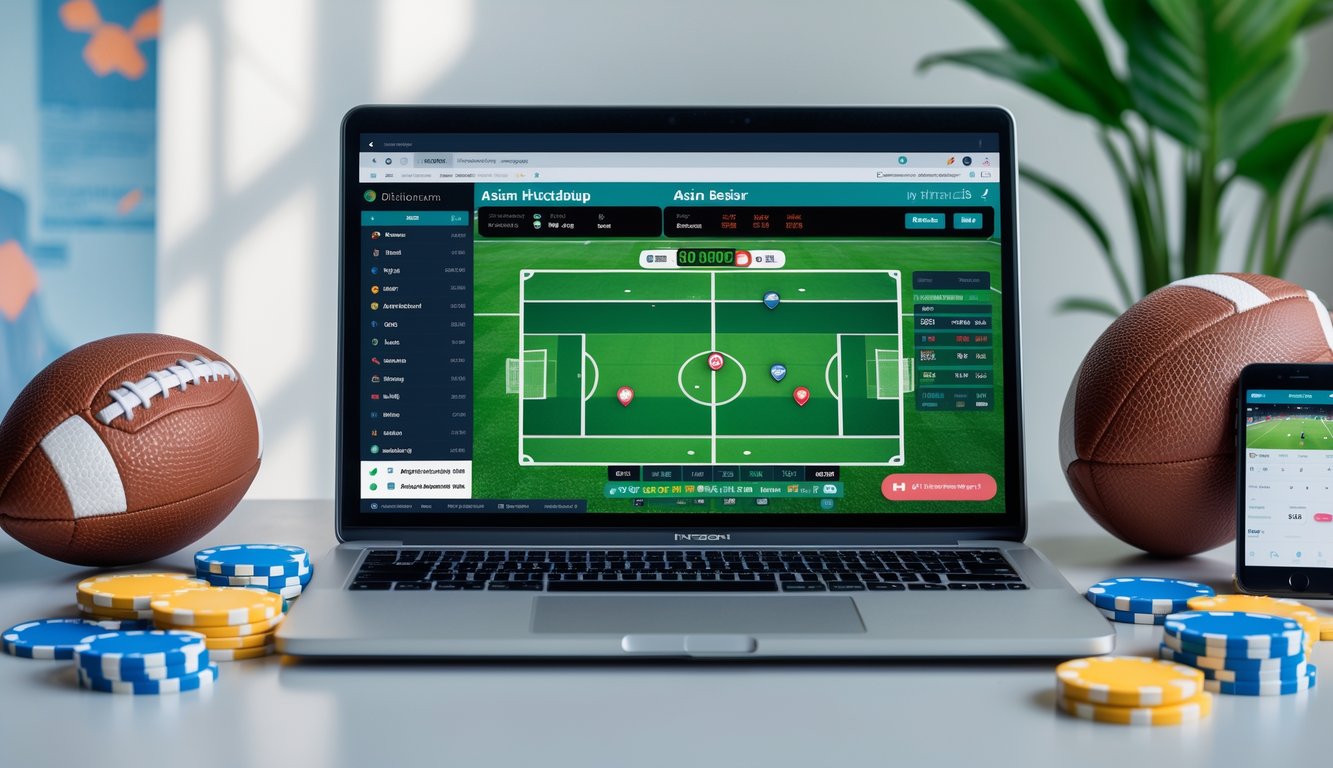 Meja kerja modern dengan laptop yang menampilkan antarmuka taruhan sepak bola online dan bola sepak di sampingnya.