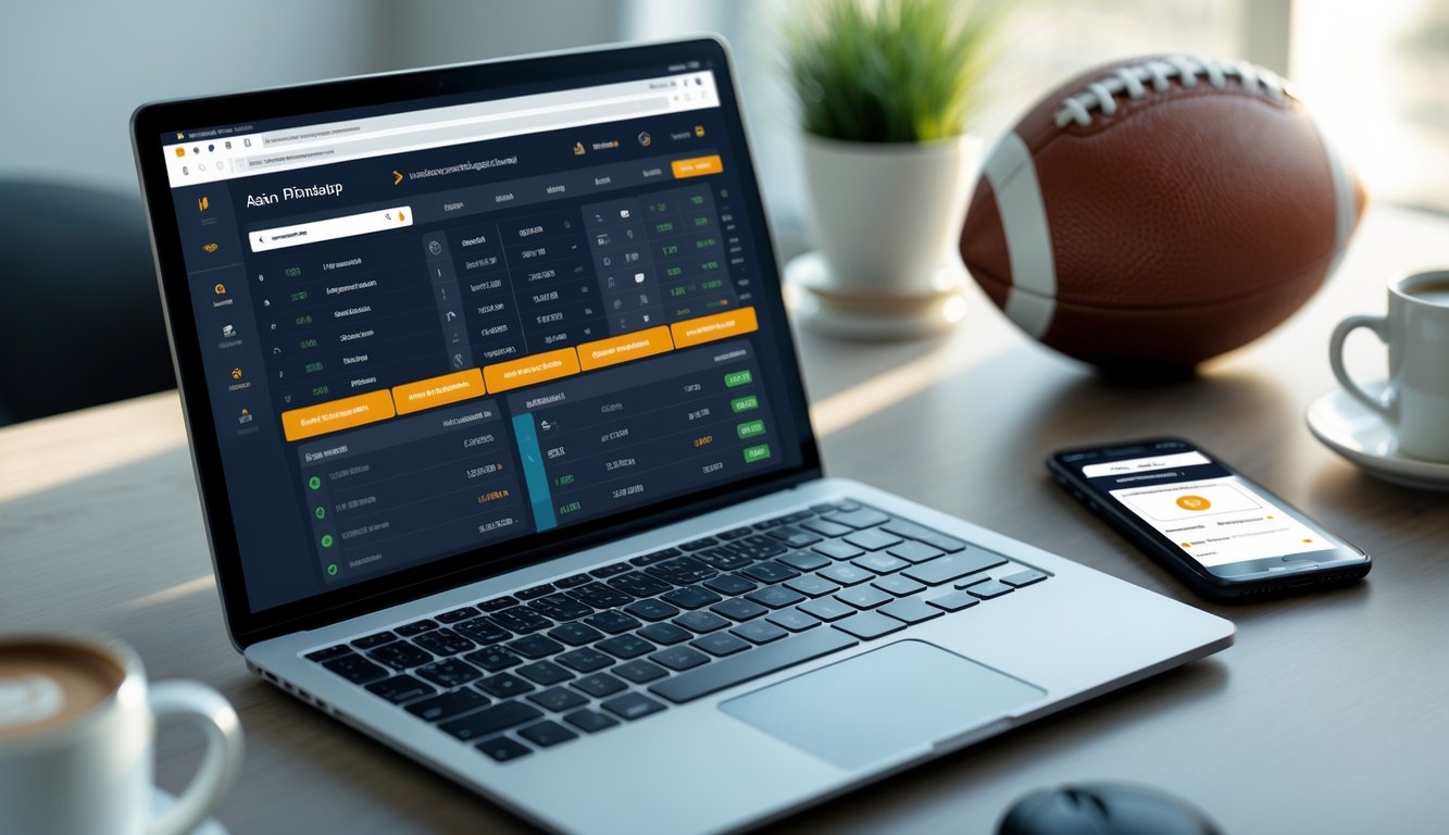 Seorang pria menggunakan laptop dan ponsel di meja kerja dengan latar belakang bola sepak, menunjukkan aktivitas taruhan sepak bola online dan pembayaran cepat.