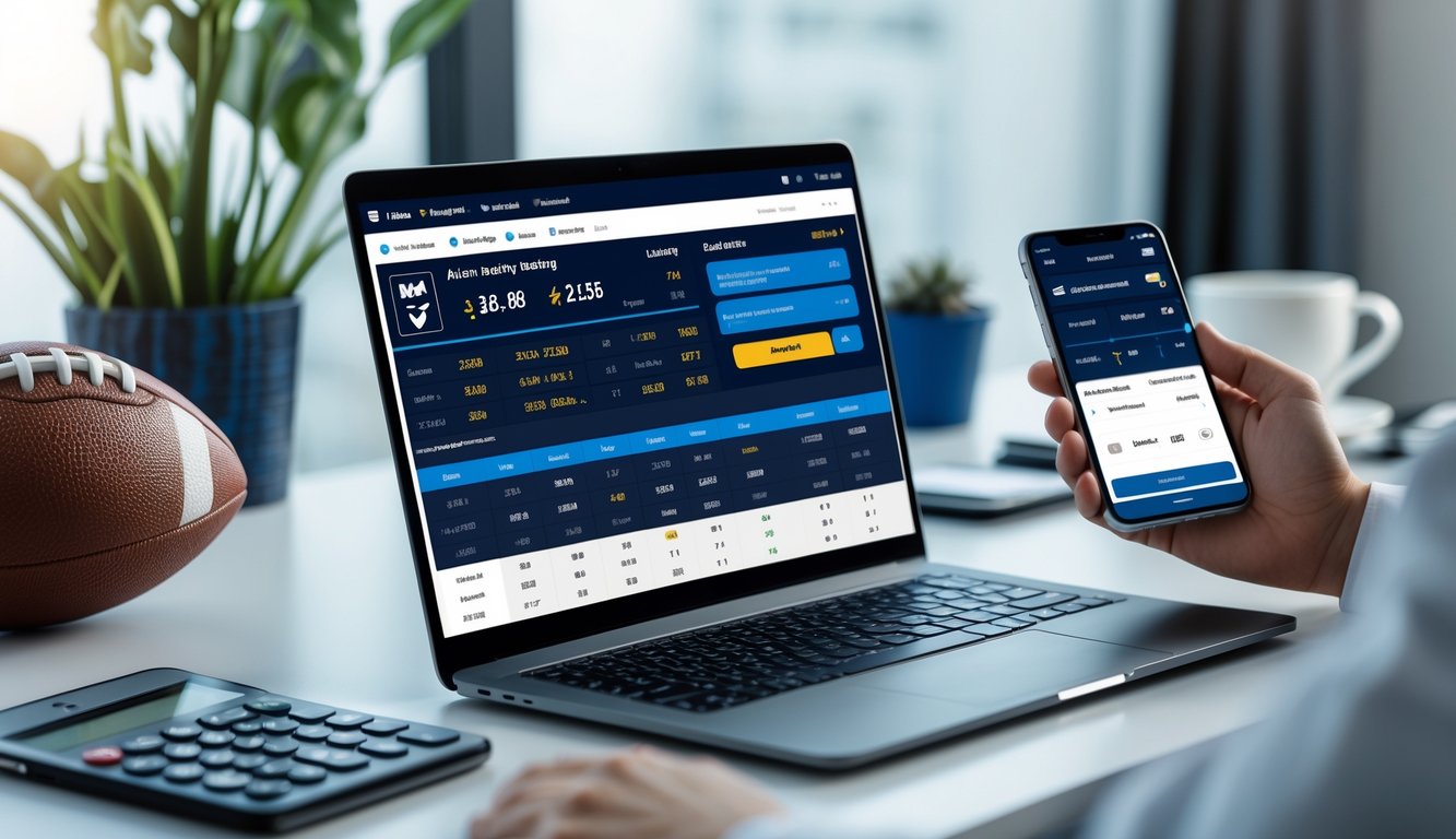 Seorang pria duduk di meja kerja dengan laptop yang menampilkan statistik pertandingan sepak bola dan layar ponsel yang menunjukkan konfirmasi pembayaran cepat.