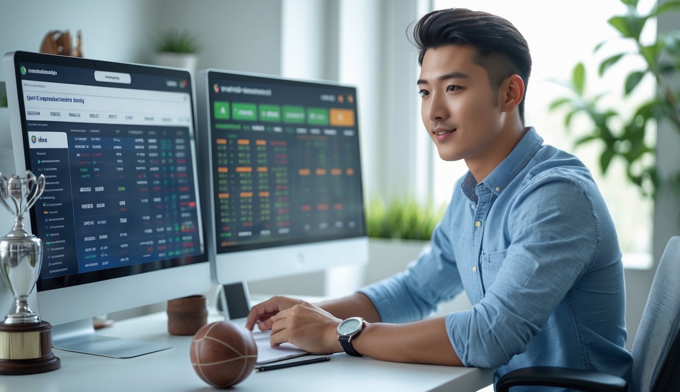Seorang pria muda duduk di meja dengan beberapa layar komputer yang menampilkan data taruhan sepak bola, sedang fokus menganalisis informasi di ruang kerja yang terang.