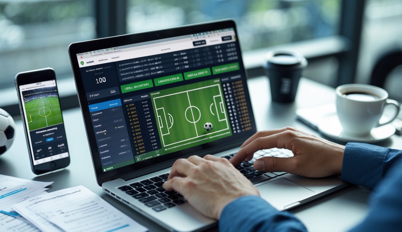 Seorang individu menggunakan laptop dengan tampilan taruhan sepak bola handicap Asia, dikelilingi catatan, ponsel dengan skor pertandingan, dan bola sepak kecil di meja.