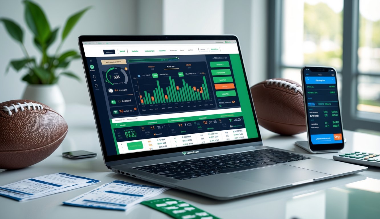 Seorang pria bekerja dengan laptop yang menampilkan antarmuka taruhan sepak bola handicap Asia, dikelilingi bola sepak, ponsel, dan alat taruhan lainnya di meja kerja.