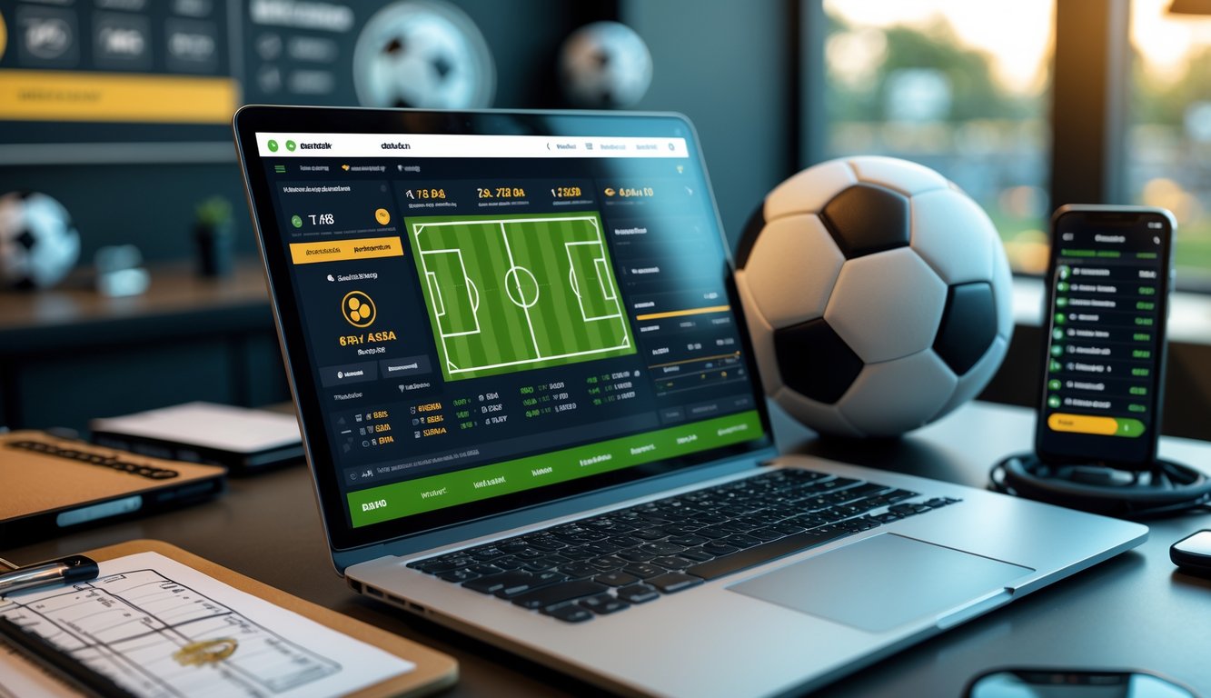 Seorang pria duduk di depan laptop dengan tampilan antarmuka taruhan sepak bola handicap Asia, di meja terdapat bola sepak dan papan strategi, suasana kantor santai dengan pencahayaan alami.