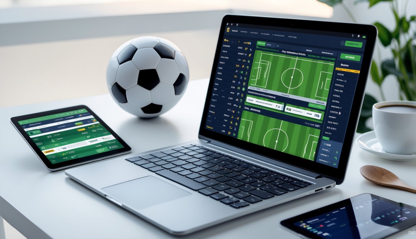 Seorang pria menggunakan laptop di meja kerja dengan bola sepak di sampingnya, menampilkan suasana taruhan sepak bola online.