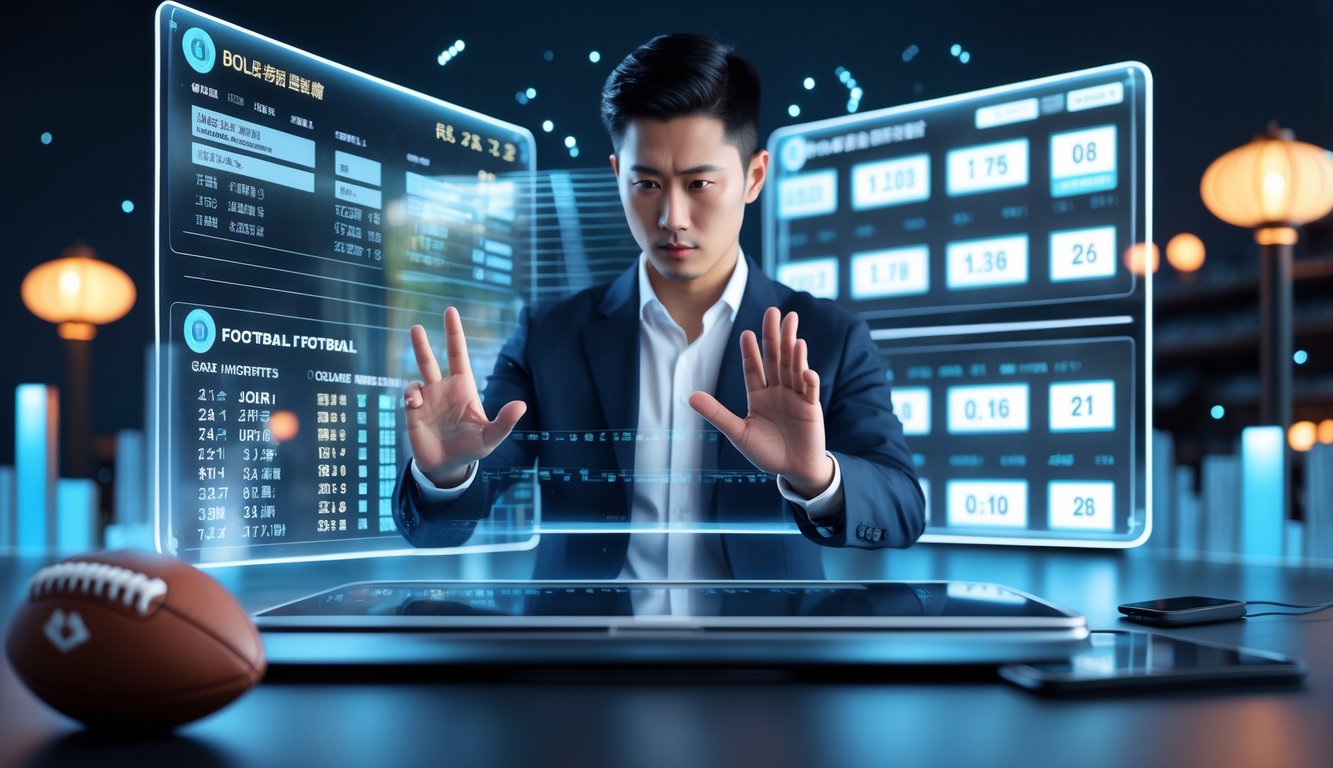 Seorang pria Asia fokus menggunakan antarmuka digital untuk memasang taruhan sepak bola handicap Asia dengan latar belakang elemen sepak bola dan budaya Asia.