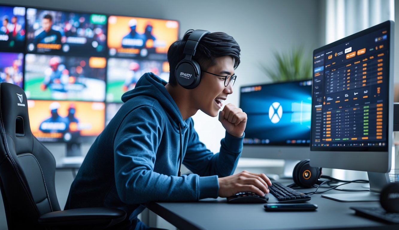 Seorang pria muda Indonesia sedang fokus bermain dan memasang taruhan esports di depan komputer di ruang kerja modern.