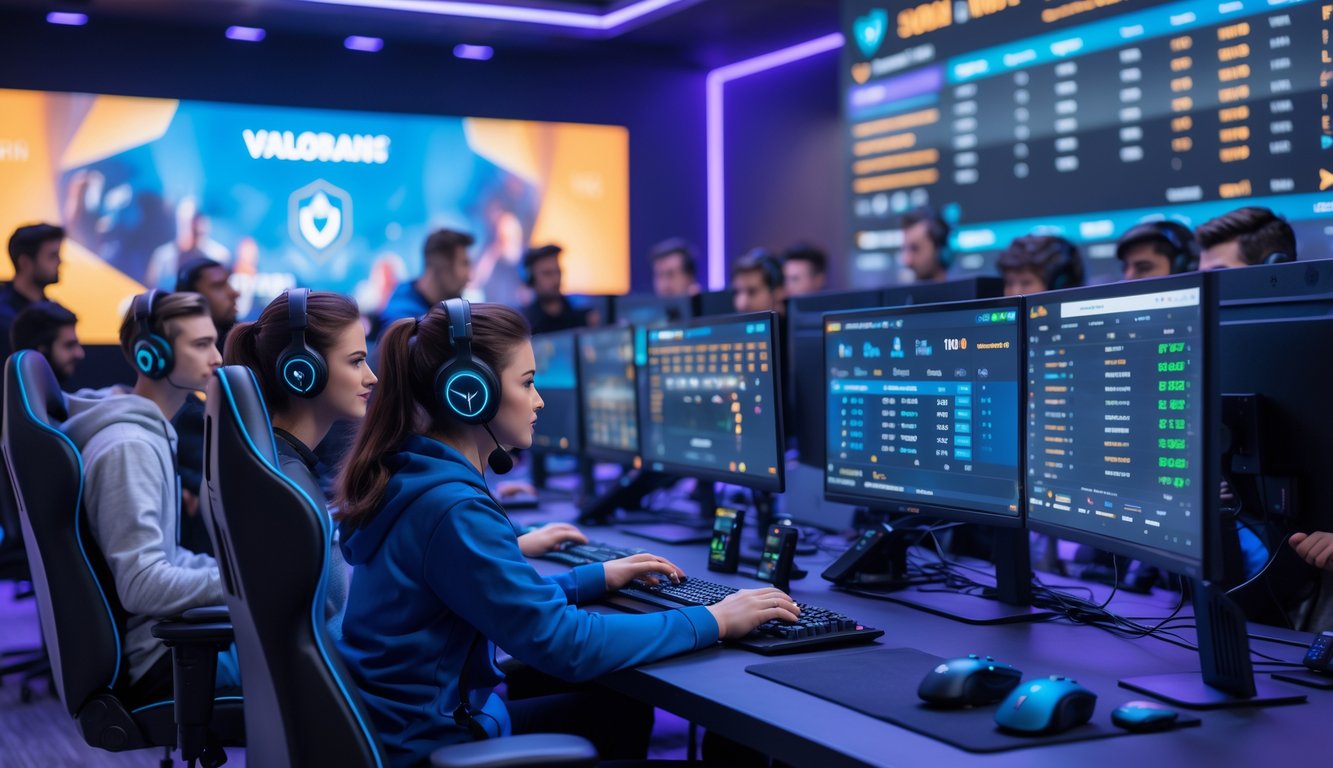 Sekelompok orang muda sedang fokus bermain dan bertaruh pada permainan esports populer di ruang permainan modern dengan pencahayaan biru dan ungu.
