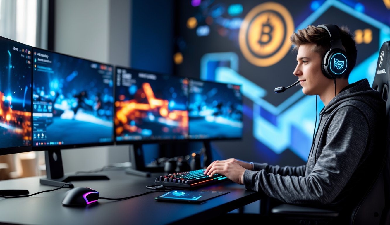 Seorang gamer muda yang fokus bermain esports di depan beberapa monitor dengan perangkat gaming di meja dan layar ponsel menampilkan antarmuka deposit digital.