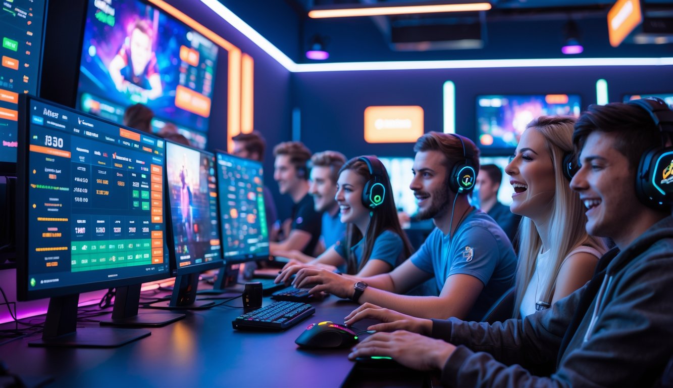 Sekelompok orang muda sedang bermain dan bertaruh esports di ruang permainan modern dengan komputer dan perangkat gaming.