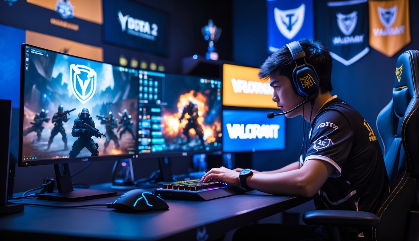 Seorang pemain esports fokus bermain di depan beberapa monitor dengan tampilan permainan Dota 2, CS2, dan Valorant, di ruangan dengan pencahayaan warna-warni dan perlengkapan gaming lengkap.