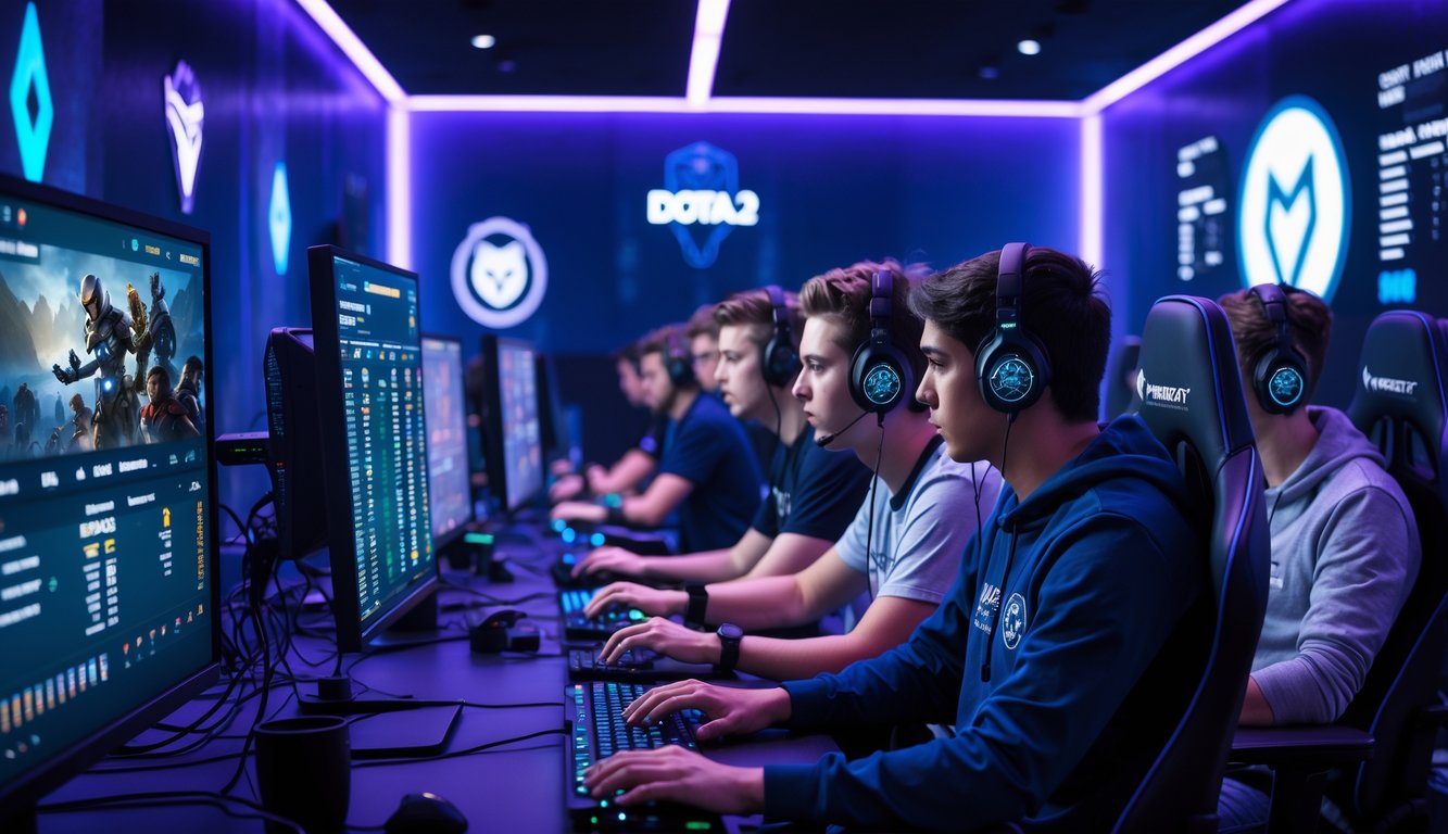 Sekelompok orang muda sedang fokus bermain dan bertaruh pada pertandingan esports Dota 2, CS2, dan Valorant di sebuah ruang game modern dengan pencahayaan biru dan ungu.