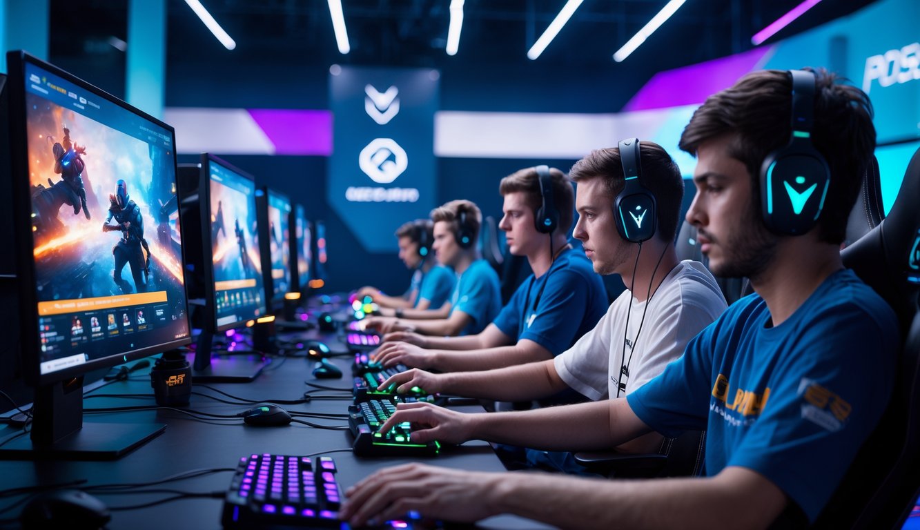 Sejumlah orang muda sedang bermain game esports dengan komputer modern di ruangan gaming yang terang dan teratur.