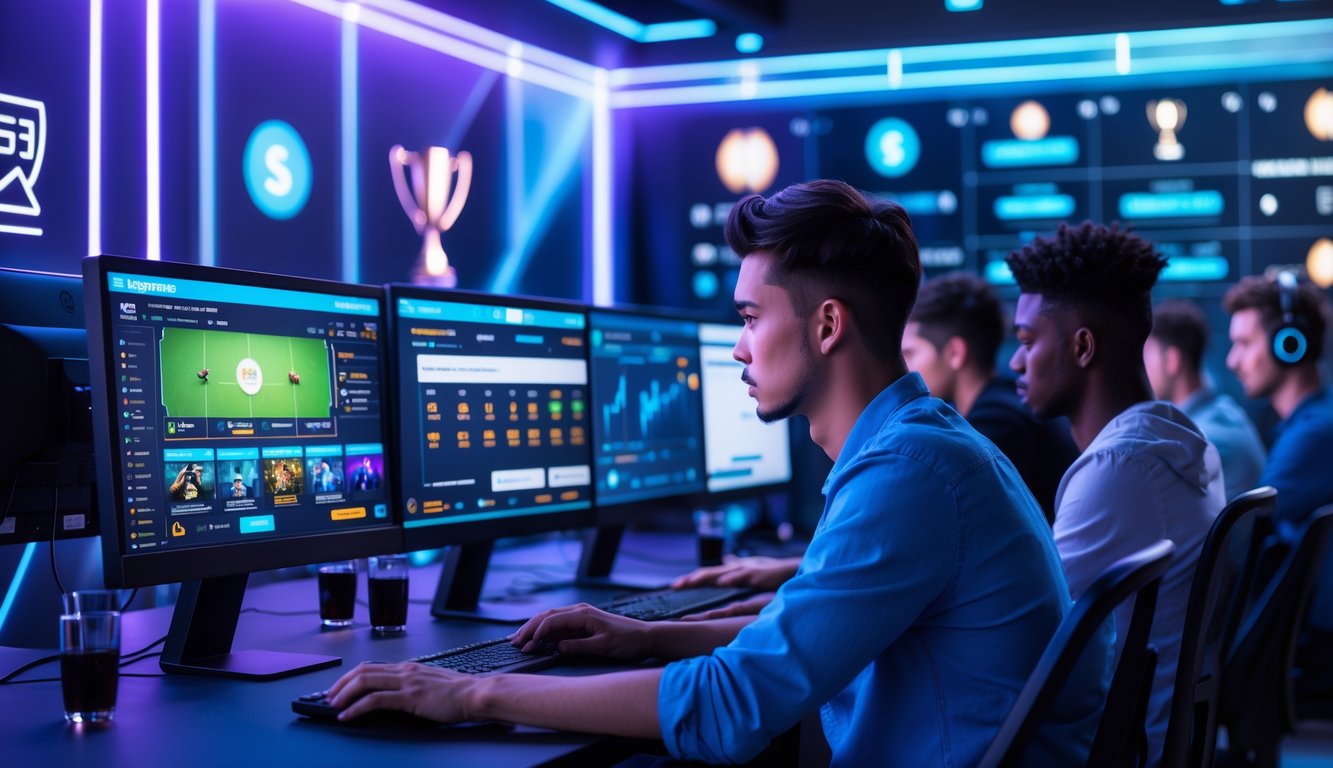 Sekelompok orang muda sedang menggunakan komputer untuk bertaruh pada permainan esports dalam ruangan yang modern dan terang dengan pencahayaan biru dan ungu.