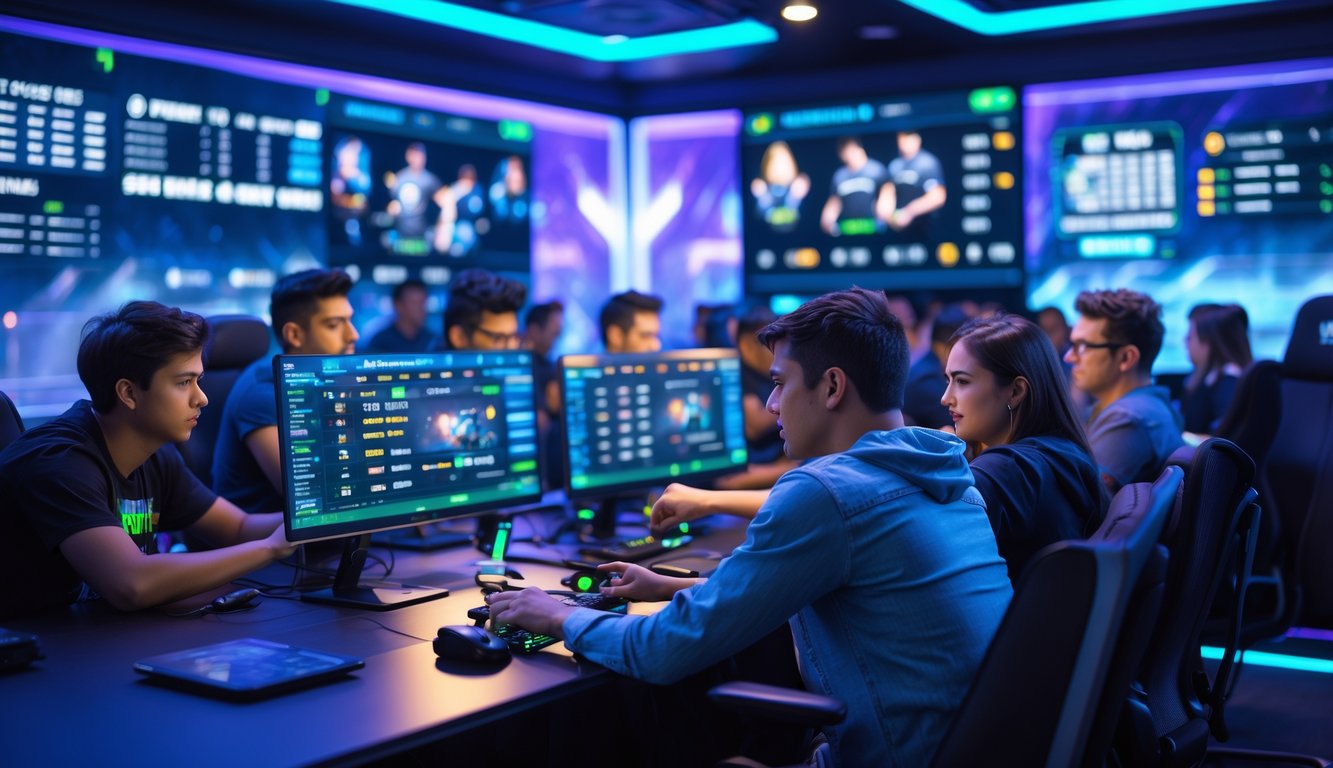 Sekelompok orang muda sedang menggunakan komputer dan ponsel untuk bertaruh langsung pada pertandingan esports dalam ruangan berteknologi tinggi.