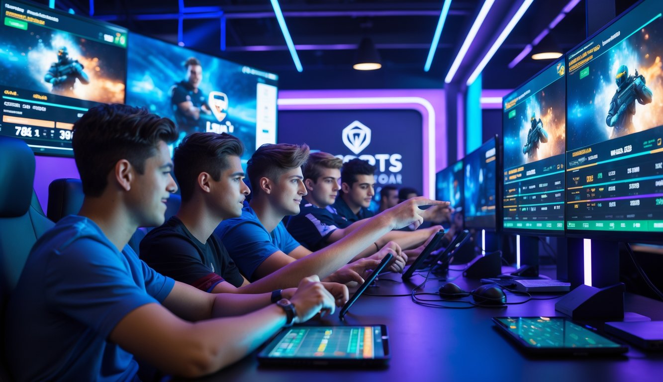 Sekelompok orang muda sedang fokus menonton pertandingan esports langsung dengan layar besar dan memasang taruhan secara online di sebuah ruang permainan modern.