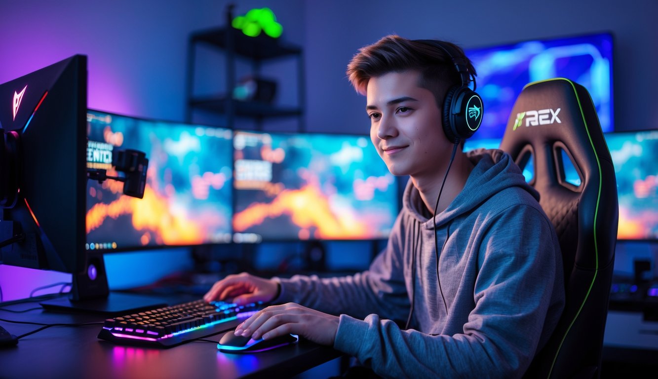 Seorang pemain muda sedang duduk di depan komputer dengan beberapa monitor menampilkan permainan esports, terlihat fokus dan siap bermain.