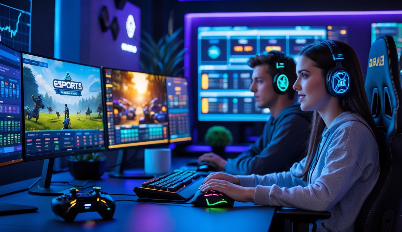 Dua pemain muda sedang fokus menggunakan komputer dengan layar menampilkan permainan esports dan antarmuka taruhan di sebuah ruang kerja modern.