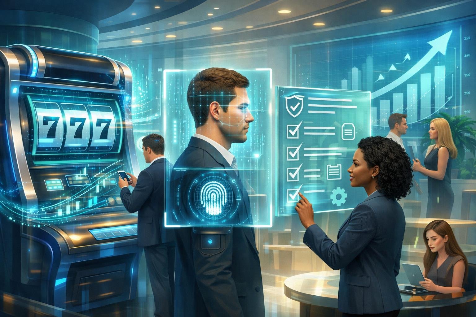 A Modern Casino Scene Showing People Using Digital Slot Machines And Biometric Verification With Floating Charts And Compliance Checklists, Representing The Future Of Pay N Play Casinos.