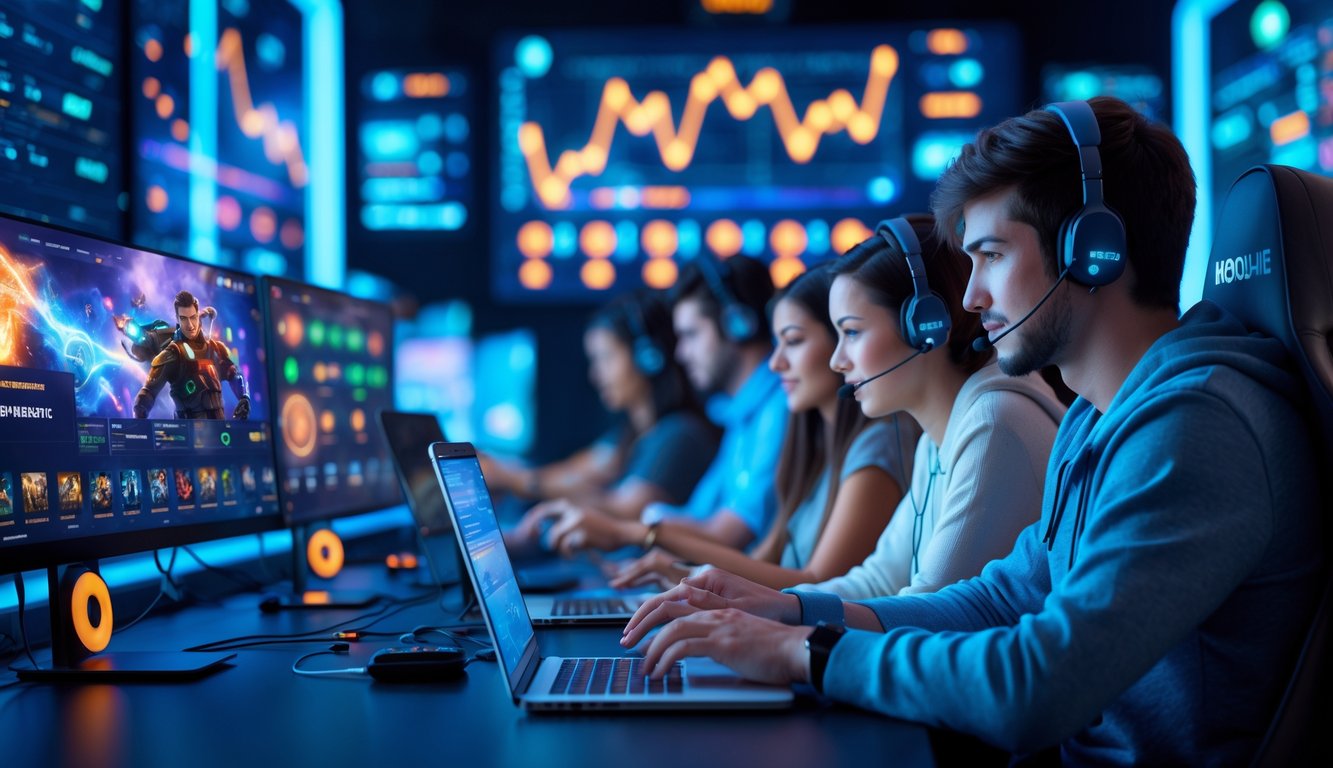 Beberapa orang muda sedang bermain dan memasang taruhan esports online dengan perangkat komputer dan ponsel di ruang gaming modern.