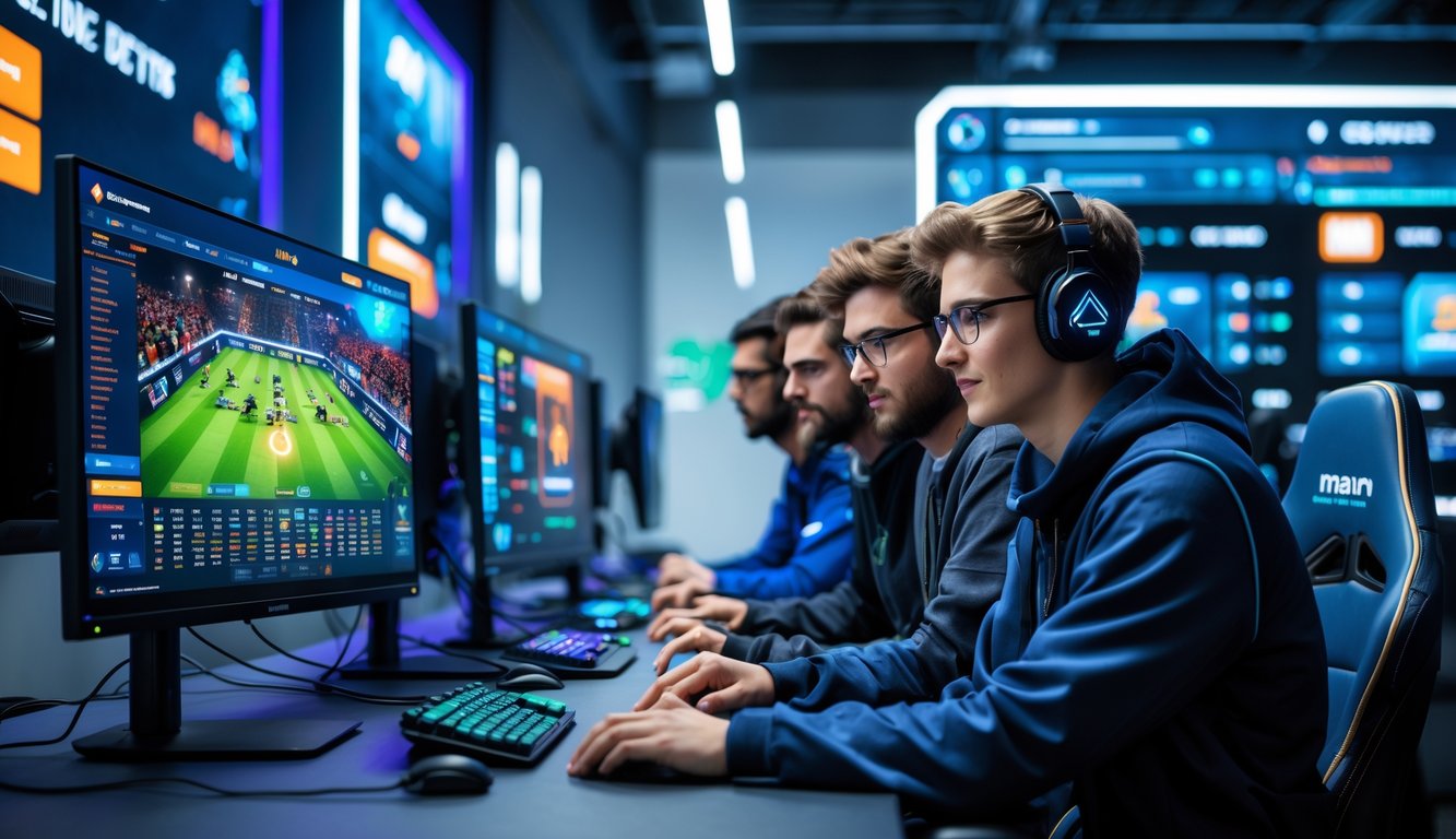 Sekelompok orang muda sedang menggunakan komputer dengan layar besar menampilkan permainan esports dan antarmuka taruhan dalam suasana kantor modern dengan pencahayaan neon.