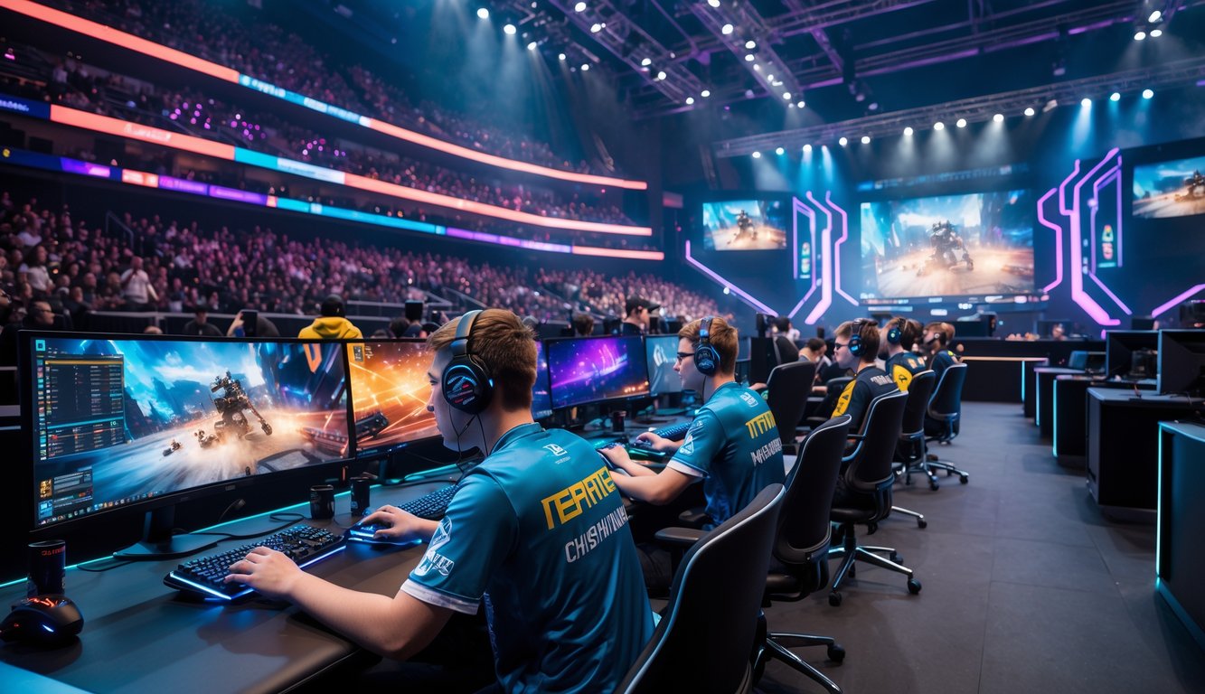 Sejumlah pemain esports sedang fokus bermain di arena turnamen dengan penonton dan layar besar di latar belakang.