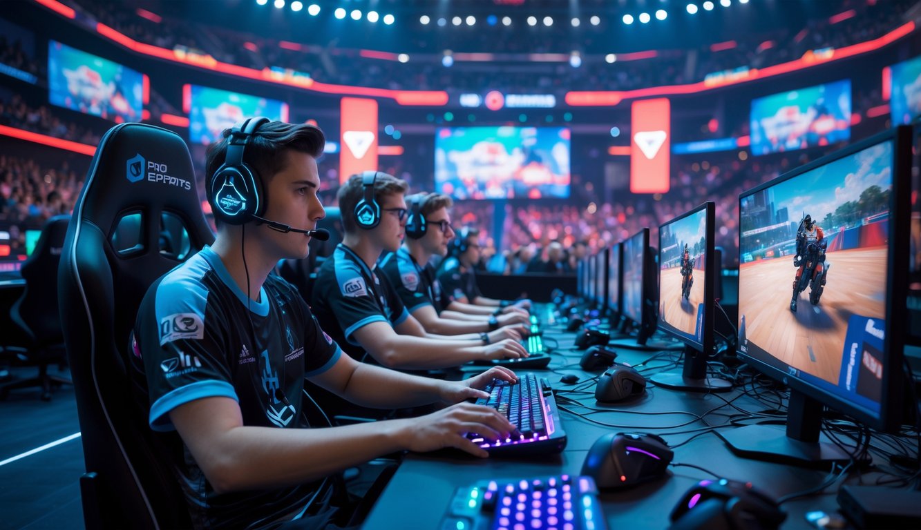 Sejumlah pemain esports fokus bermain di arena turnamen besar dengan penonton dan layar besar di latar belakang.