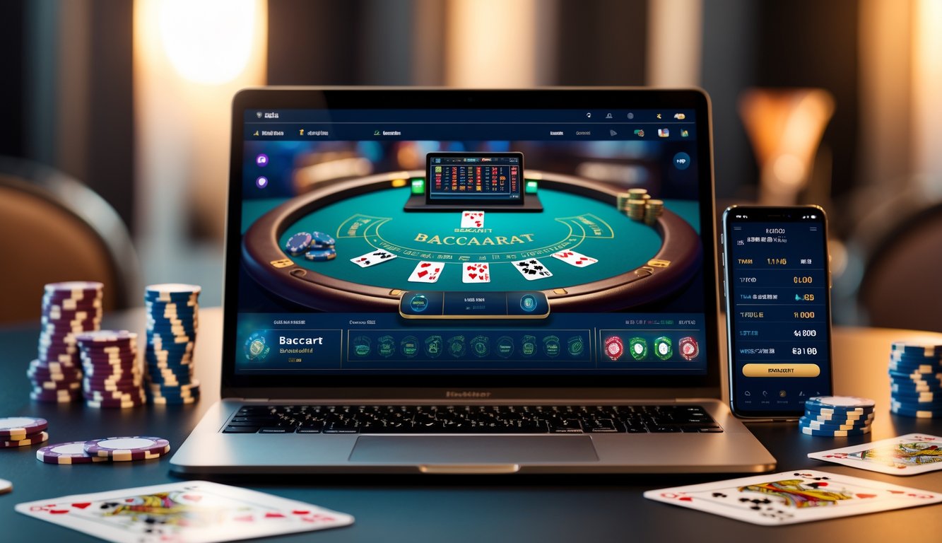 Meja dengan laptop yang menampilkan permainan baccarat online, dikelilingi oleh chip poker dan kartu remi.