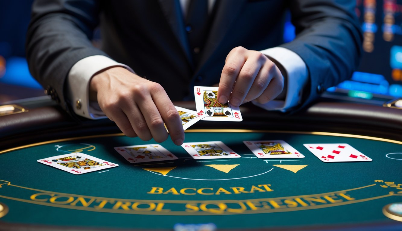 Seorang pemain sedang melakukan teknik control squeeze pada kartu baccarat di meja kasino modern dengan latar belakang elemen digital yang menunjukkan permainan online.
