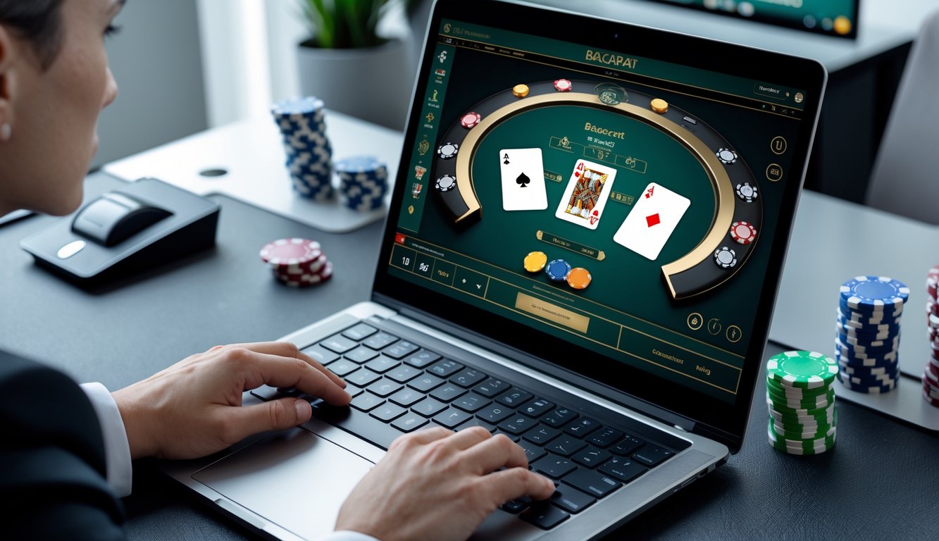 Seseorang sedang bermain baccarat online di depan komputer dengan kartu dan chip poker di meja yang rapi.