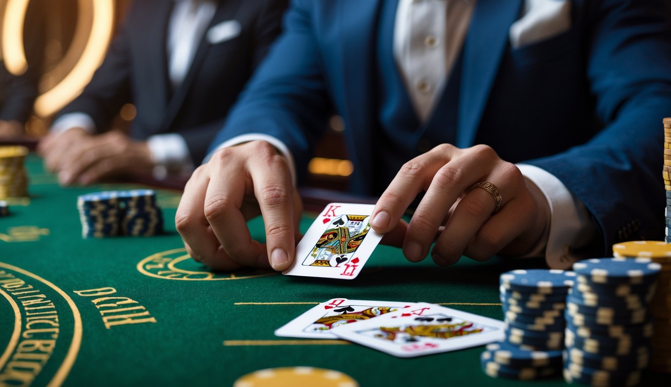 Tangan pemain sedang membuka perlahan kartu baccarat di meja kasino dengan tumpukan chip dan dealer di latar belakang.