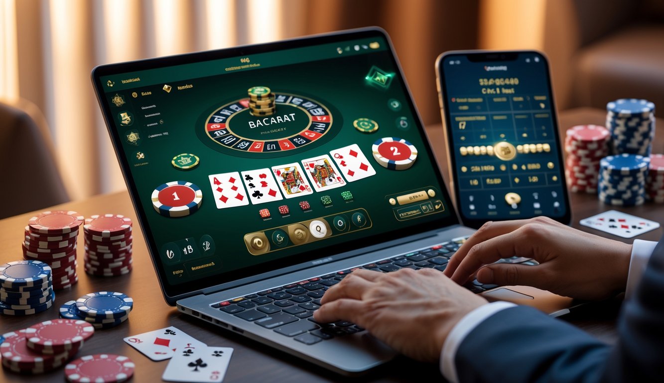 Seorang pemain sedang menggunakan laptop dengan tampilan permainan baccarat online, dikelilingi oleh chip kasino dan kartu remi di meja.
