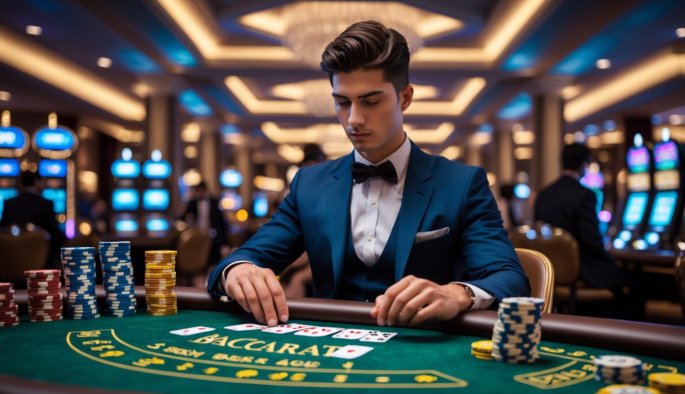 Seorang pria berpakaian rapi duduk di meja baccarat di kasino mewah, fokus memegang kartu dan tumpukan chip di depan.