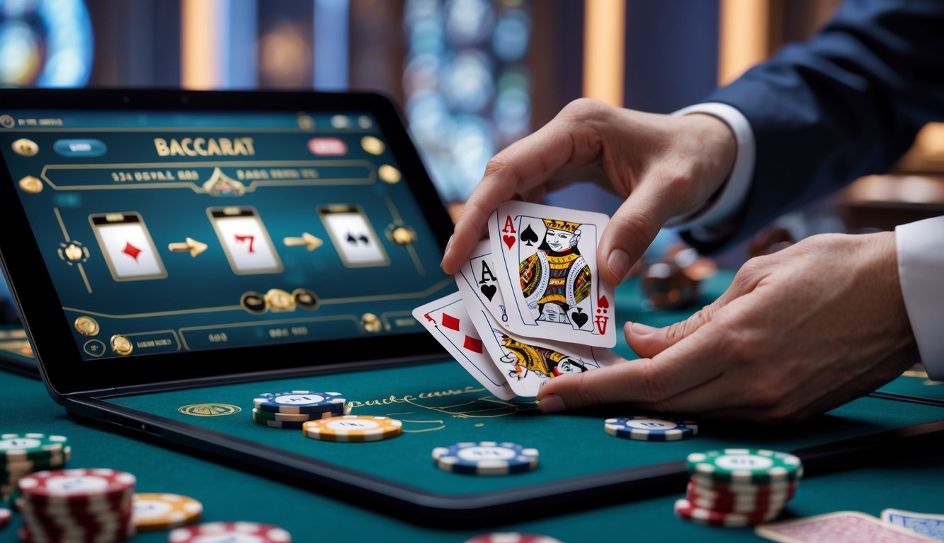 Tangan pemain yang sedang mengontrol kartu Baccarat pada layar perangkat digital di suasana kasino online yang mewah.