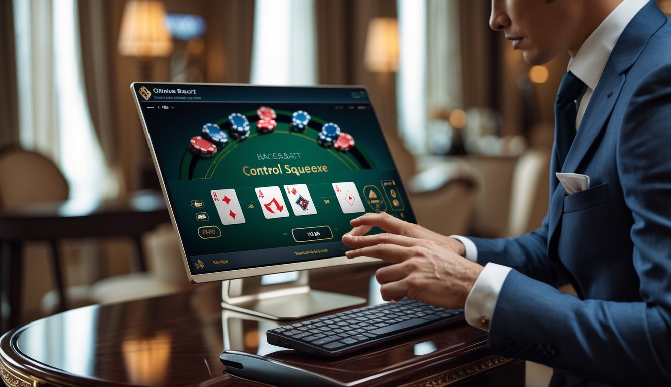 Seorang pemain profesional sedang bermain baccarat online dengan fokus dan menggunakan teknik control squeeze pada kartu di layar komputer.