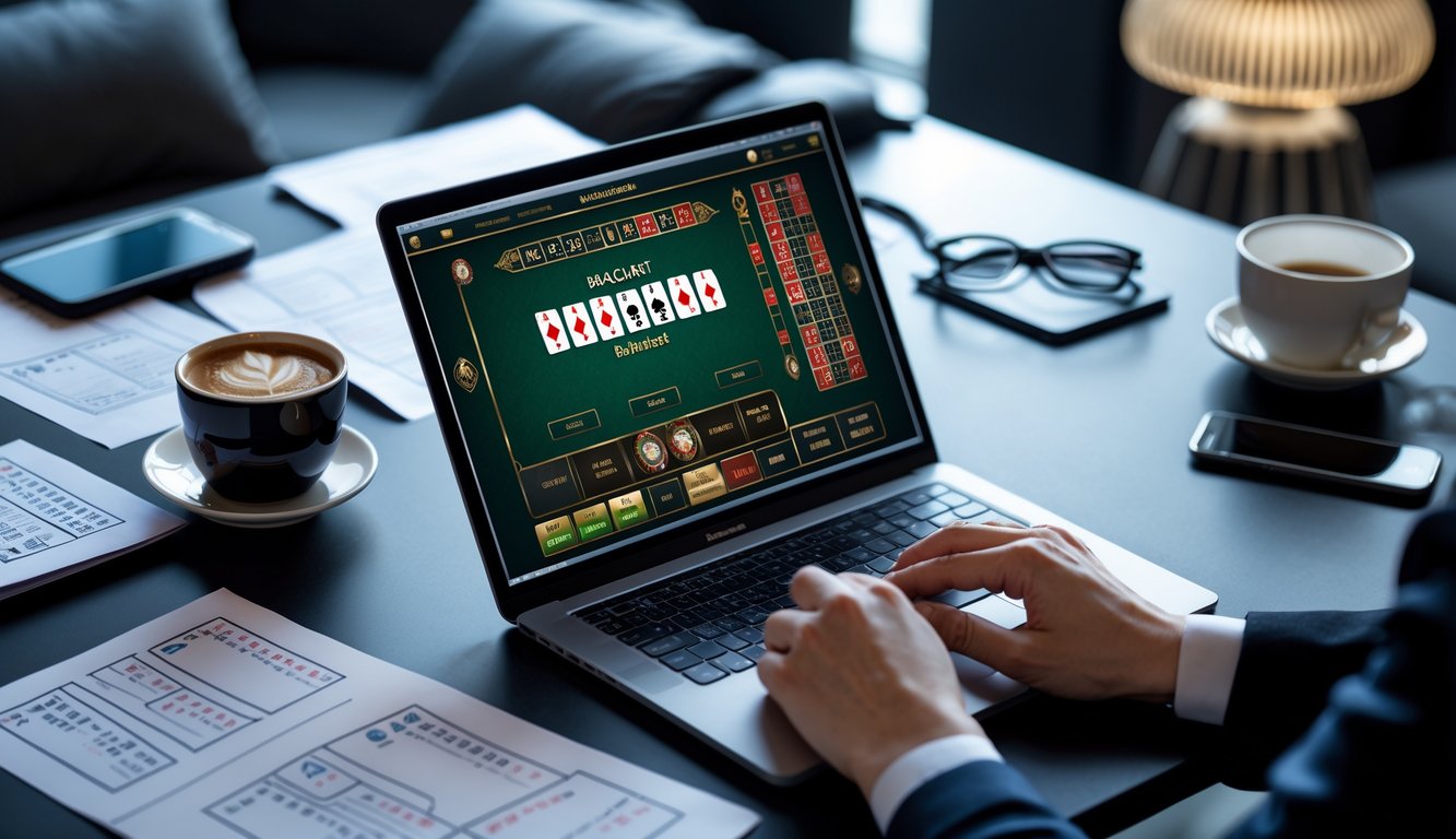 Seorang pemain sedang menganalisis pola permainan baccarat online di depan laptop dengan catatan dan grafik di meja kerja.