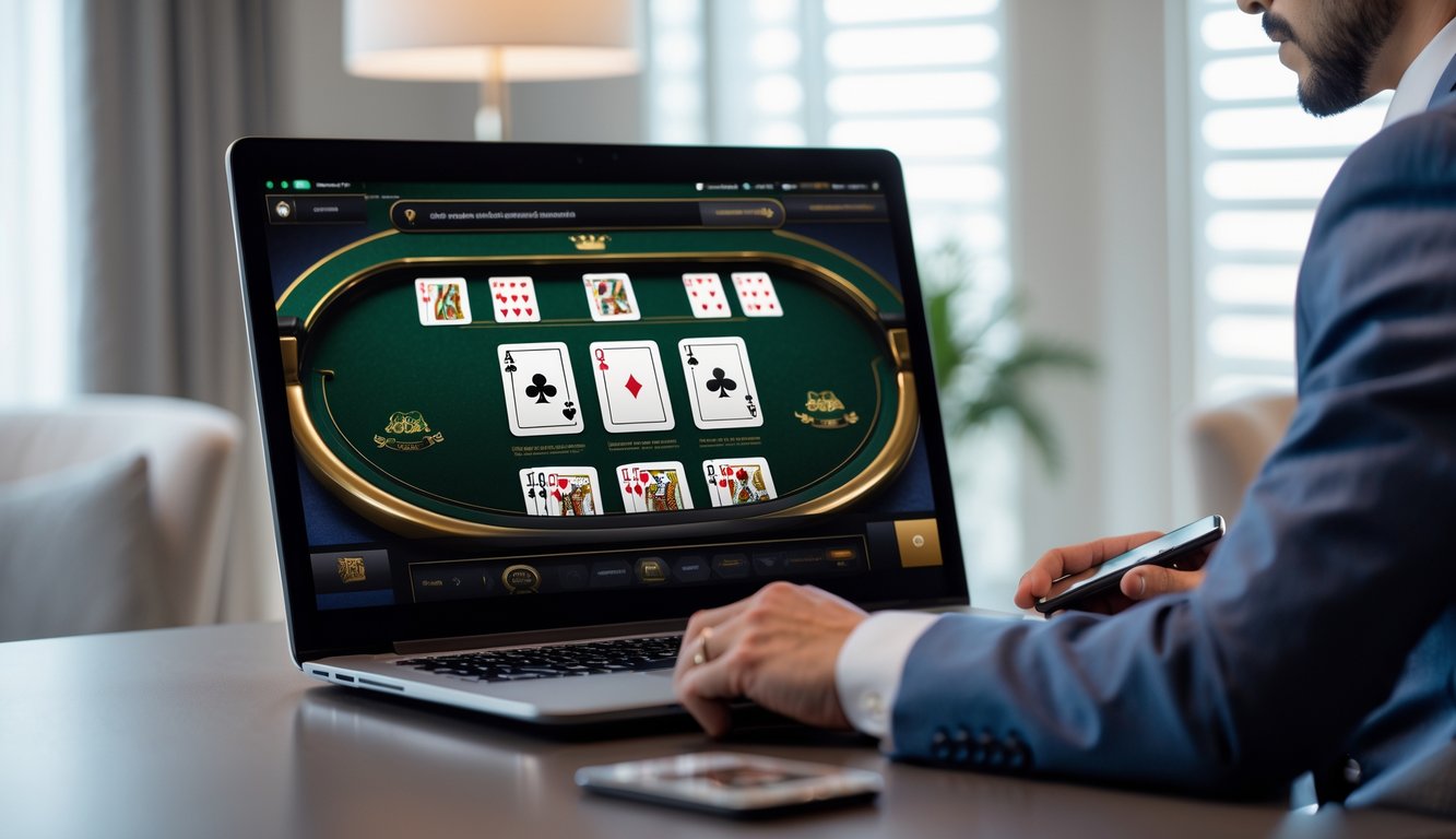 Seorang pemain fokus melihat layar komputer yang menampilkan permainan baccarat online dengan kartu yang sedang dibuka secara perlahan.