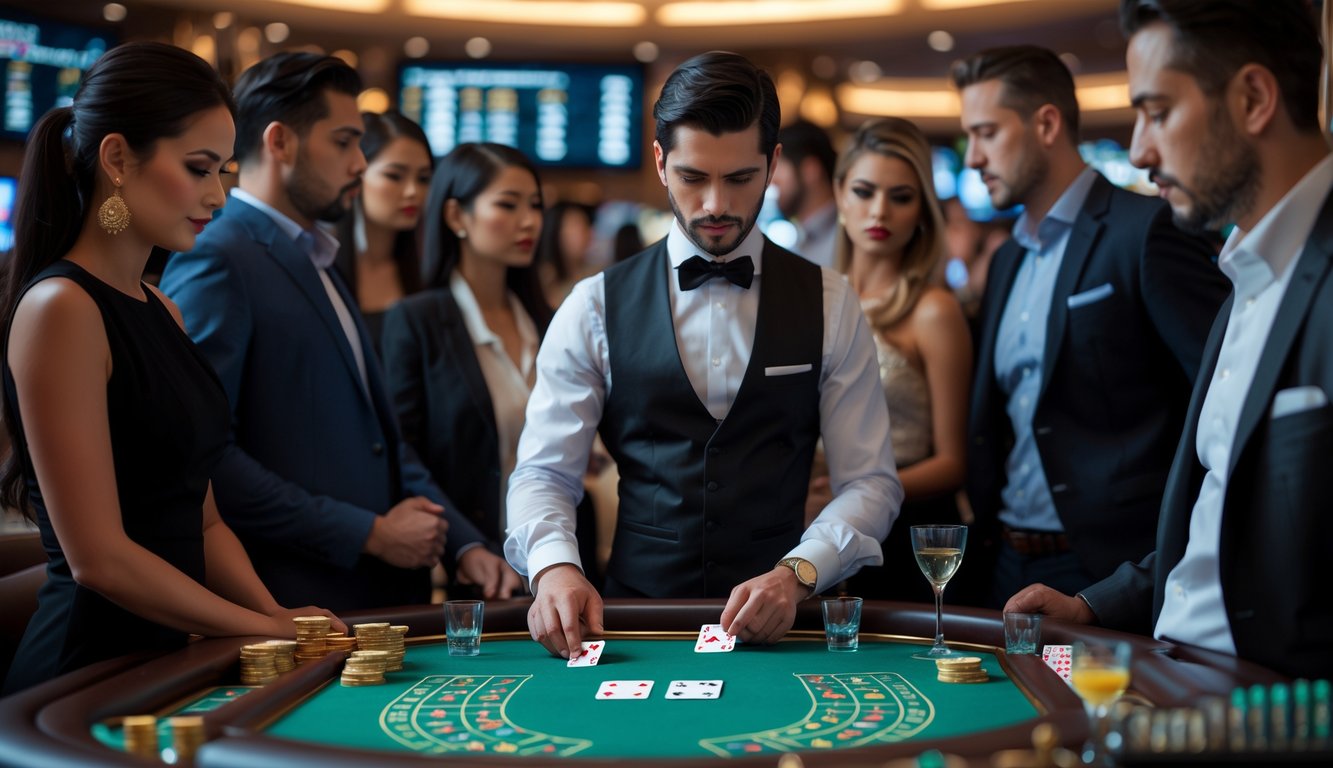 Meja baccarat dengan dealer dan pemain yang serius di sebuah kasino mewah.