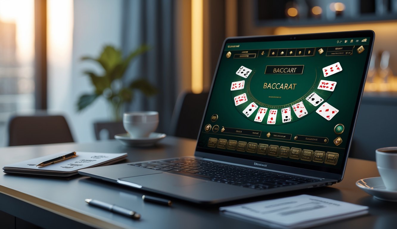 Seorang pemain sedang fokus menggunakan laptop dengan tampilan permainan baccarat online di layar, dikelilingi oleh catatan dan alat tulis di meja.
