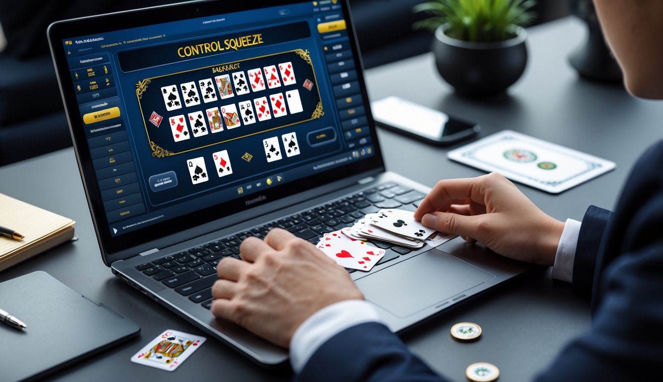 Seseorang sedang belajar bermain baccarat online di depan laptop dengan kartu dan chip di meja.