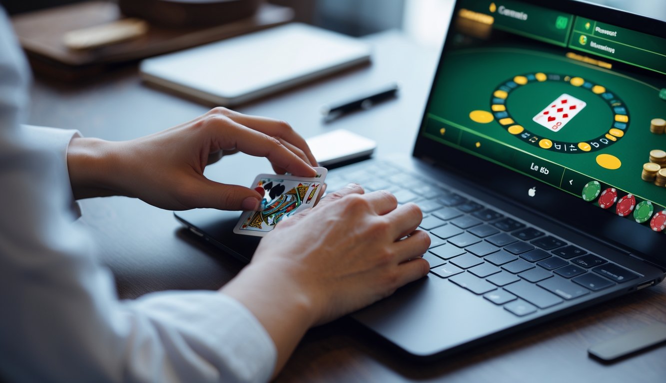 Tangan seseorang sedang bermain baccarat online di komputer dengan kartu dan chip terlihat, di meja belajar yang rapi.