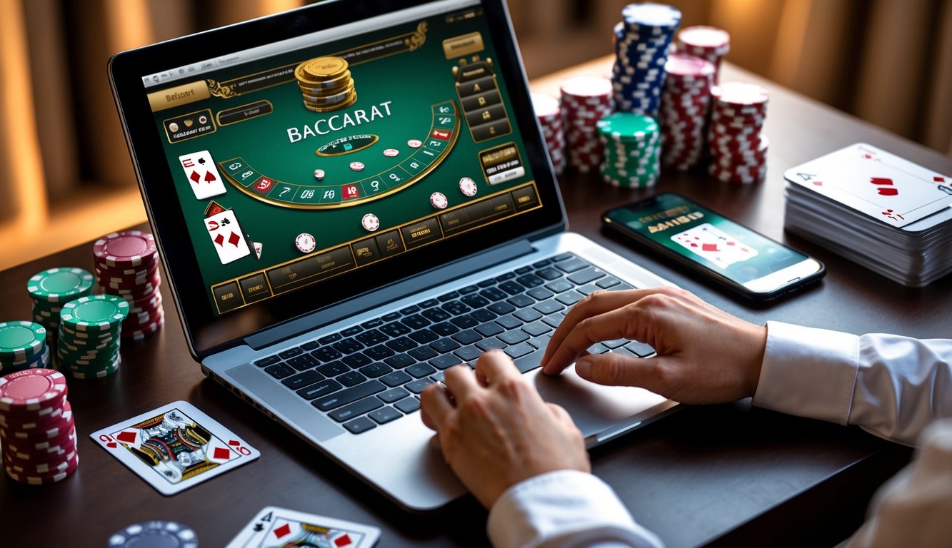 Seorang pemain sedang bermain baccarat online dengan laptop dan chip poker di meja yang rapi.