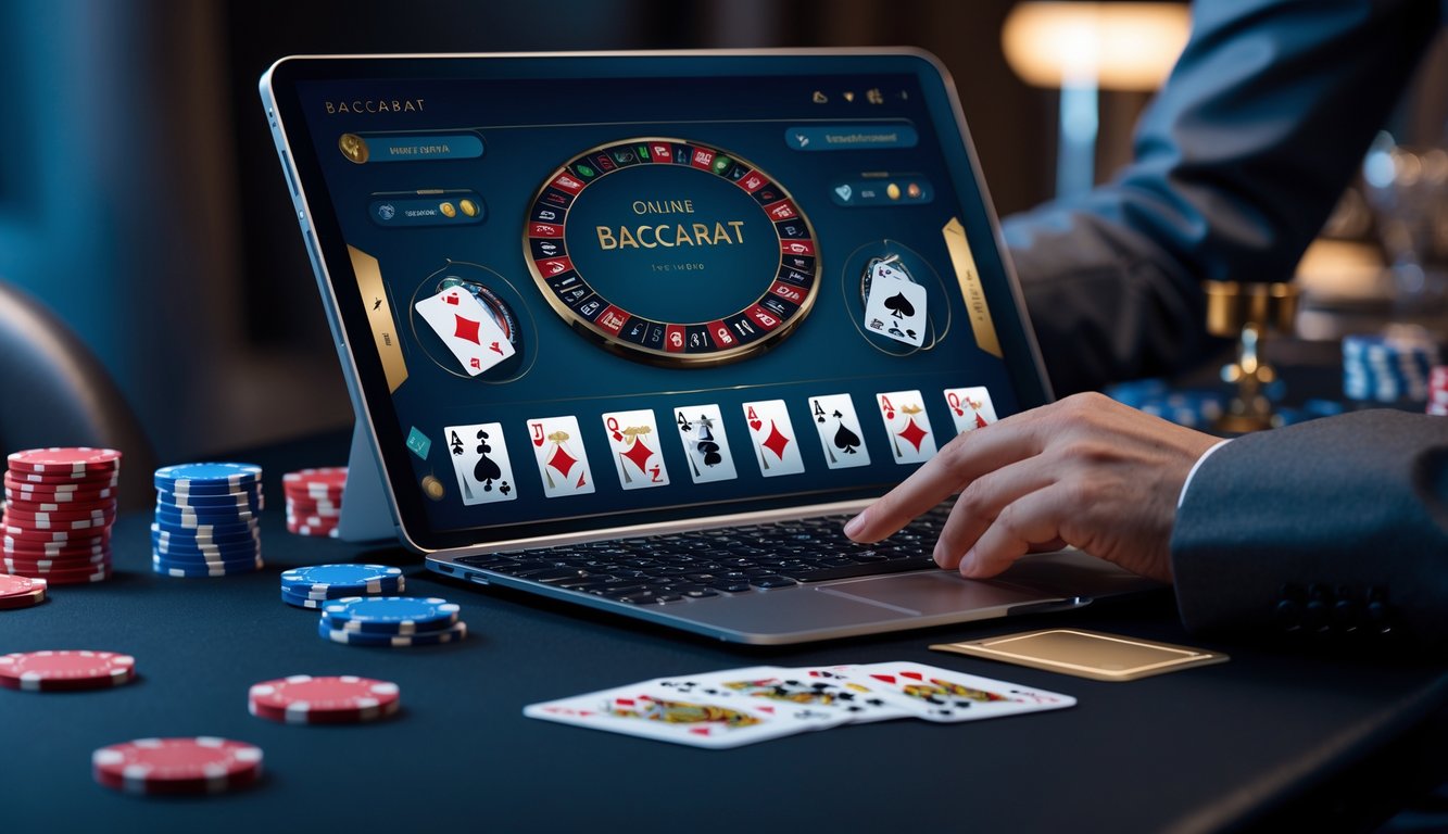 Sebuah laptop menampilkan permainan baccarat online dengan kartu dan chip poker di meja yang rapi dan pencahayaan lembut.