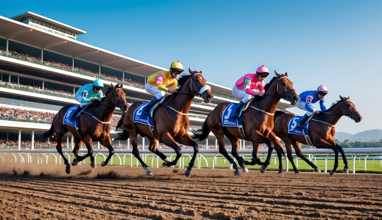 Beberapa kuda pacuan dengan joki berwarna-warni sedang berlari cepat di lintasan pacuan kuda dengan tribun penuh penonton di latar belakang.